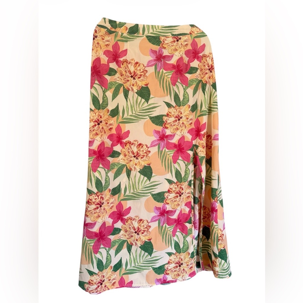 Floral A-Line Midi Skirt - Pink & Green Tropical Print